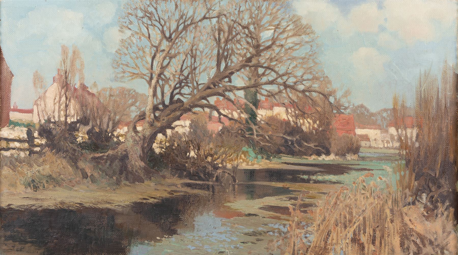 English School (20th Century): Stream near Red Roofed Houses, oil on canvas unsigned, attributed to a William Thornton of Reigate verso, 40cm x 70cm 