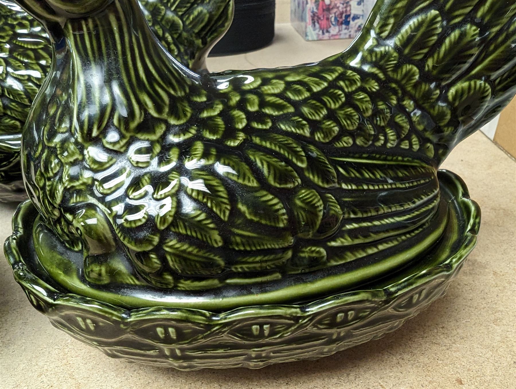 Portmeirion set of three graduating hen on nests, in green glaze, with impressed mark beneath, tallest H21cm, 