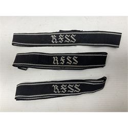 Three Reichsfuhrer 'SS' cuff titles; RZM 'SS' paper tag; German Water Police belt buckle; Destroyers badge marked RKS verso; N.S.B.O. lapel badge; and incomplete party eagle cap badge (8)