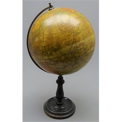  'Geographica' Ltd. 56 Fleet Street London 8 inch Terrestrial Globe, showing Railways, Steamer Routes, Heights in English Feet and British Possessions, mounted in brass half-meridian on turned ebonised base, H36cm  