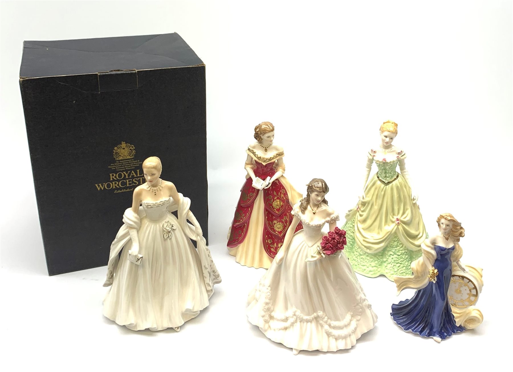 A group of five Royal Worcester figurines, comprising limited edition Grace Kelly 911/12500, Anniversary Figurine of the Year 2000, Southern Belle Scarlett, Southern Belle Melanie with box, and New Dawn. (5). 