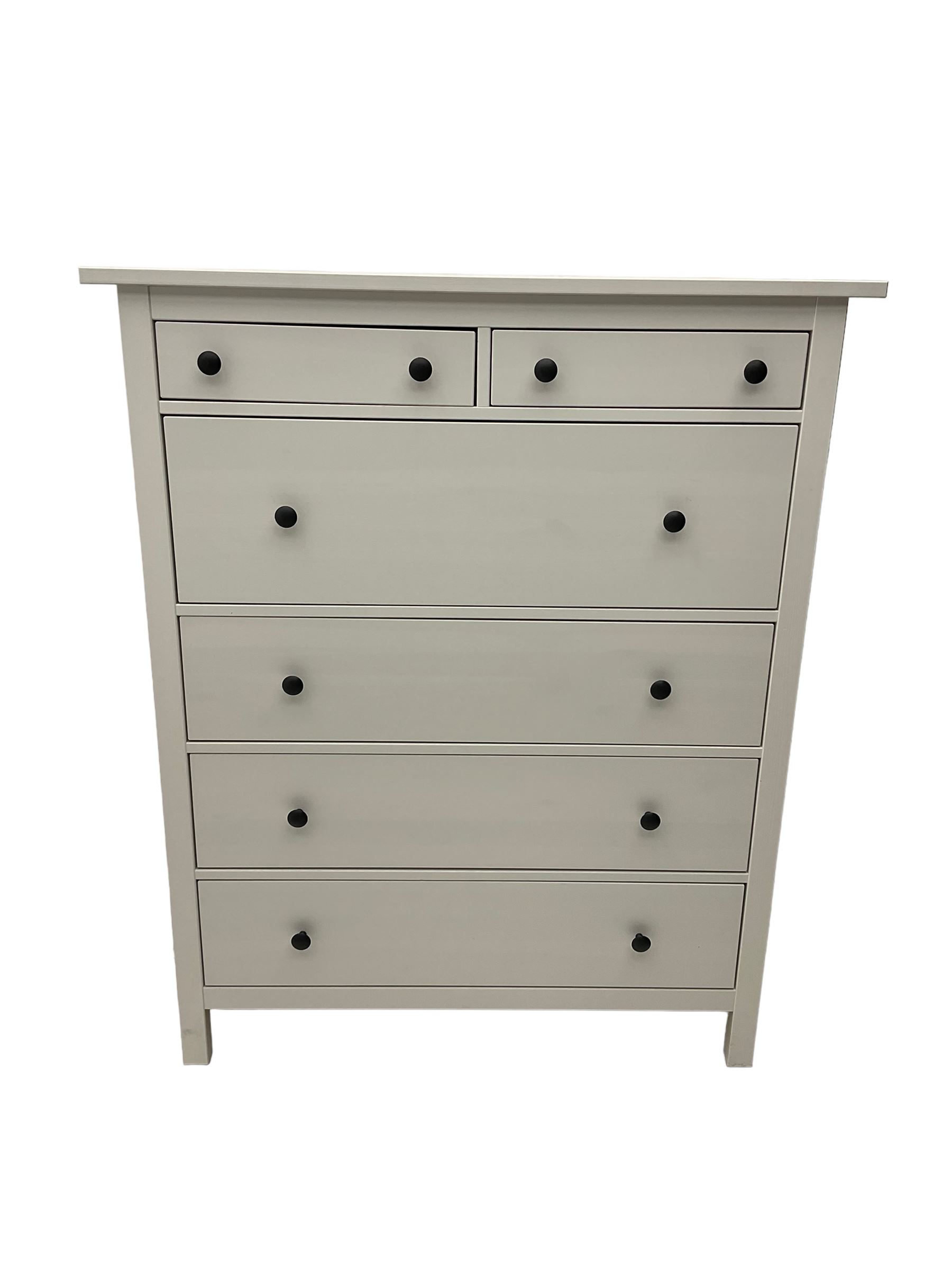 IKEA - 'Hemnes' white finish straight-front chest, fitted with two short and four long drawers; and IKEA - 'Hemnes' pair white finish bedside chests, fitted with two drawers