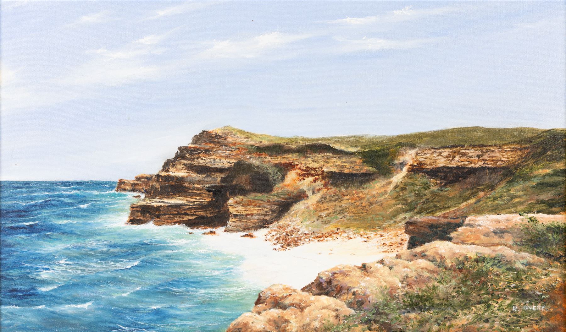 Robert Overy (British 1928-2018): Headland and Bay - Possibly Flamborough and Serene River Landscape, pair of oils on canvas board signed max 29cm x 50cm (2) (one unframed)