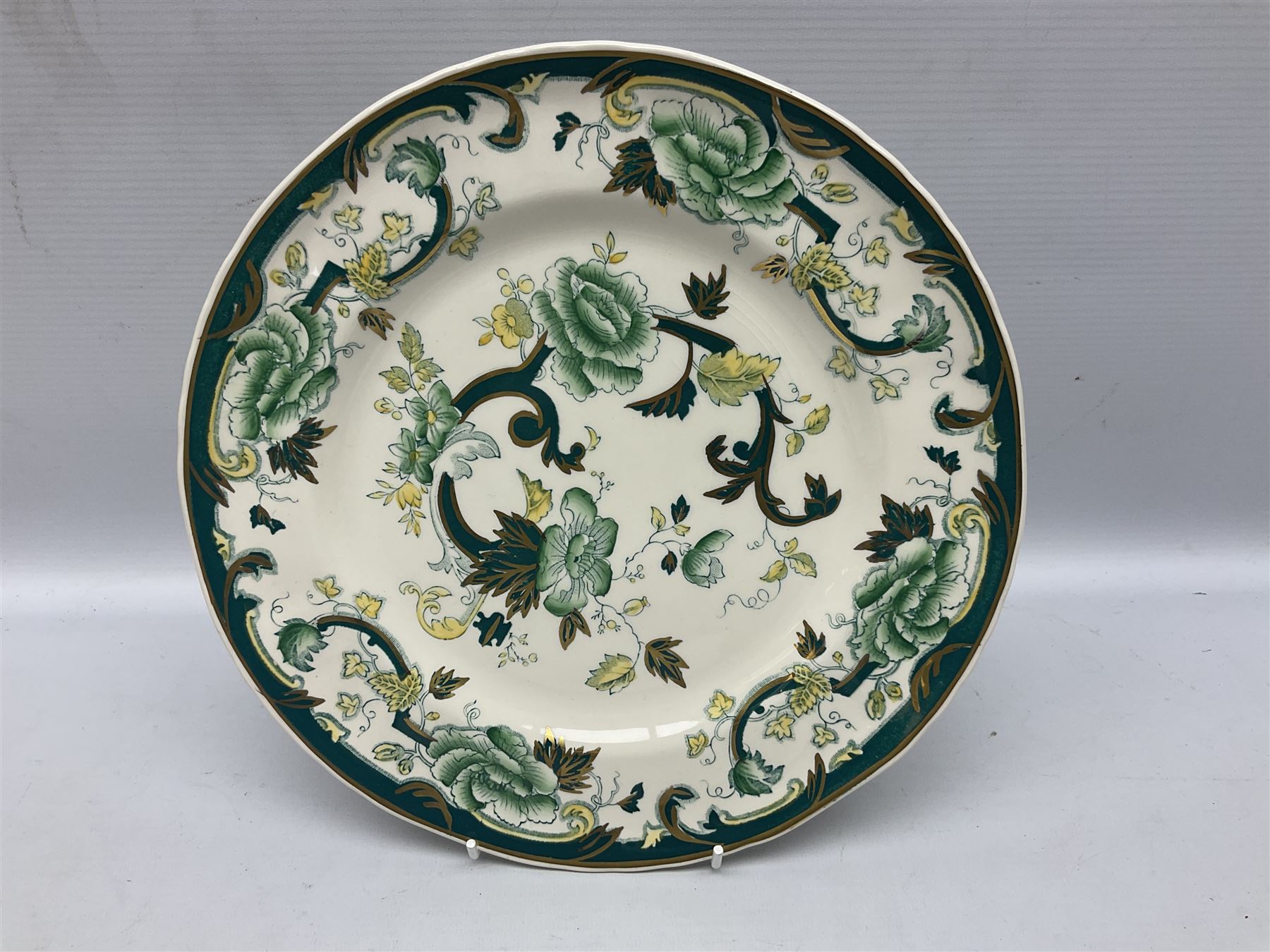 Calais Imari style part tea service, Mason's Chartreuse pattern plate, Arthur Wood Gaudy Welsh style coffee pot, and Victoria Ware teacup and saucer