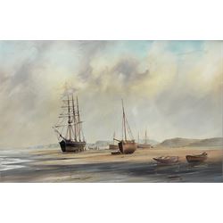 David C Bell (British 1950-): 'A Yorkshire Coastal Scene' - Vessels at Low Tide, oil on canvas signed, original title label verso 50cm x 75cm Provenance: with James Starkey Galleries, Beverley, label verso