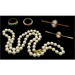  Single strand cultured pearl necklace with 18ct gold clasp, 9ct gold ruby eternity ring, 9ct gold turquoise ring, all hallmarked and two gold cameo bar brooches, both stamped 9ct  