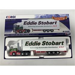 Corgi Eddie Stobart - two special edition Hauliers of Renown; CC13754 Scania R Facelift Box Step Frame Trailer and CC13756 Scania R (Rear Tag) Moving Floor Trailer; and limited edition Hauliers of Renown CC13747 Scania R (Face Lift) Super Curtainside Trailer; all boxed (3)