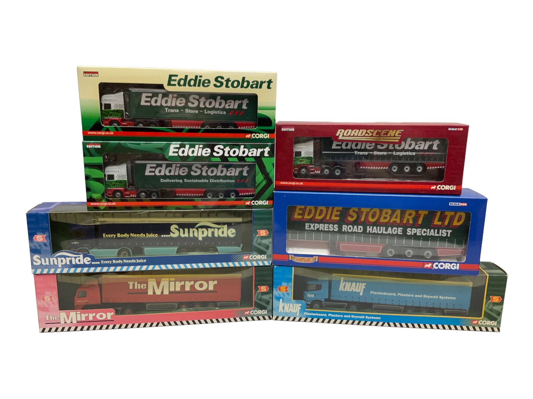 Corgi Eddie Stobart - Hauliers of Renown CC19904 Curtainside Trailer; two limited edition Scania R Curtainside CP18110 & CP18111; Roadscene CC18106 Scania R Curtainside; and three customer livery lorries CC86603  Sunpride, CC86604 Knauf and CC86702 The Mirror; all boxed (7)