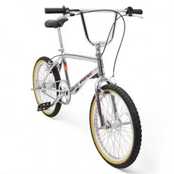 1980s Raleigh Cromo Burner BMX bike, with some original and some upgraded parts, including Oval Competition section frame and fork, Tange black rubber grips, Redline chain wheel, DMR Bikes V6 pedals and Duro Nylon F-075 tyres