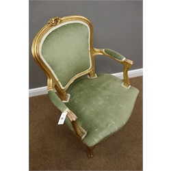  French style giltwood armchair on cabriole legs, upholstered in green   