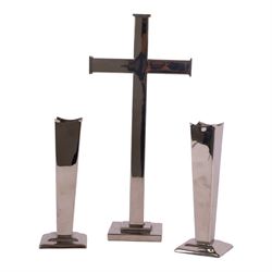 20th century chrome alter crucifix and matching vases, crucifix 39cm