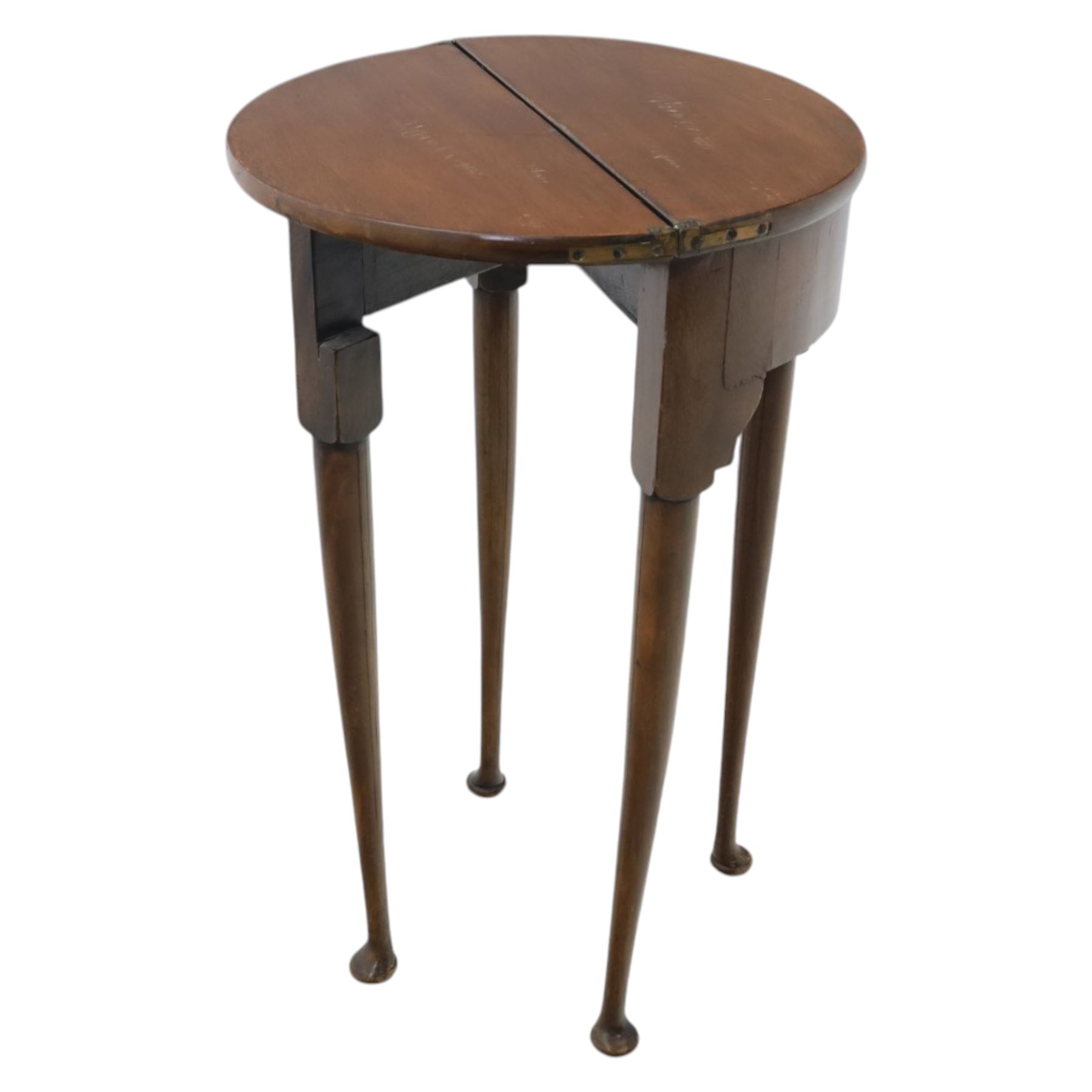 Small proportioned 19th century demi-lune drinks table, foldover top with gate action, raise on tapering cabriole legs
