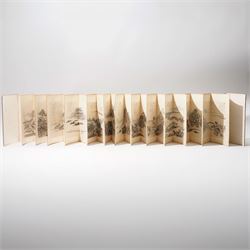 Chinese fold out book, comprising 12 hand-coloured woodblock landscapes each bearing inscription and artists seal  