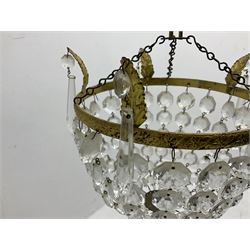 Pair of gilt metal bag chandeliers with faceted glass drops, without fixings H26cm 