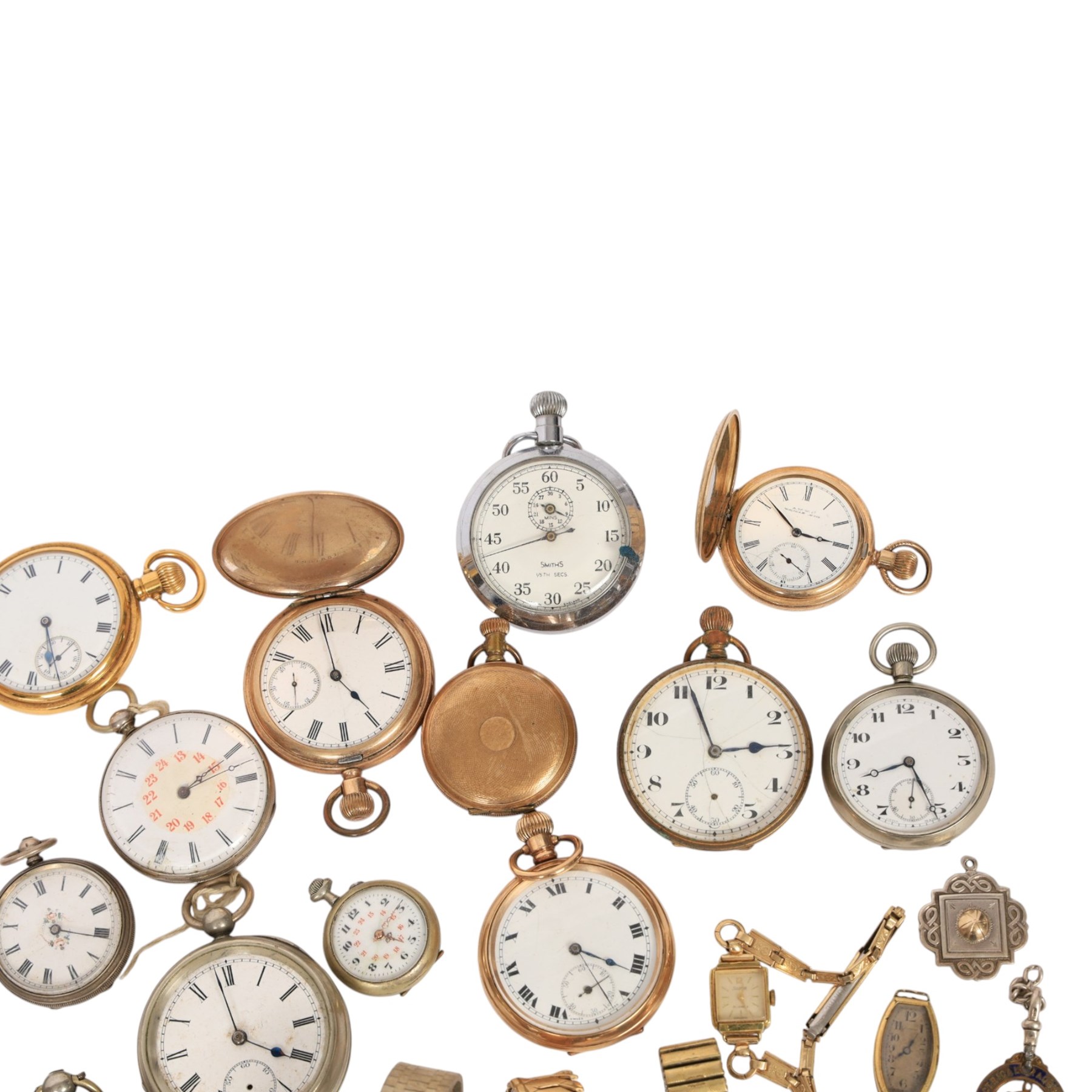 Omega De Ville Dynamic dial, Omega case and movement parts and watch strap buckle, collection of gold-plated and nickle pocket watches including Waltham Traveller half hunter and other wristwatches