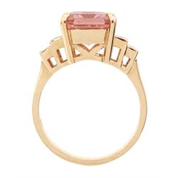 18ct rose gold pink tourmaline and diamond ring, emerald cut tourmaline of 5.21 carat, with milgrain set round brilliant cut diamond stepped design shoulders, stamped 750, with World Gemological Institute report