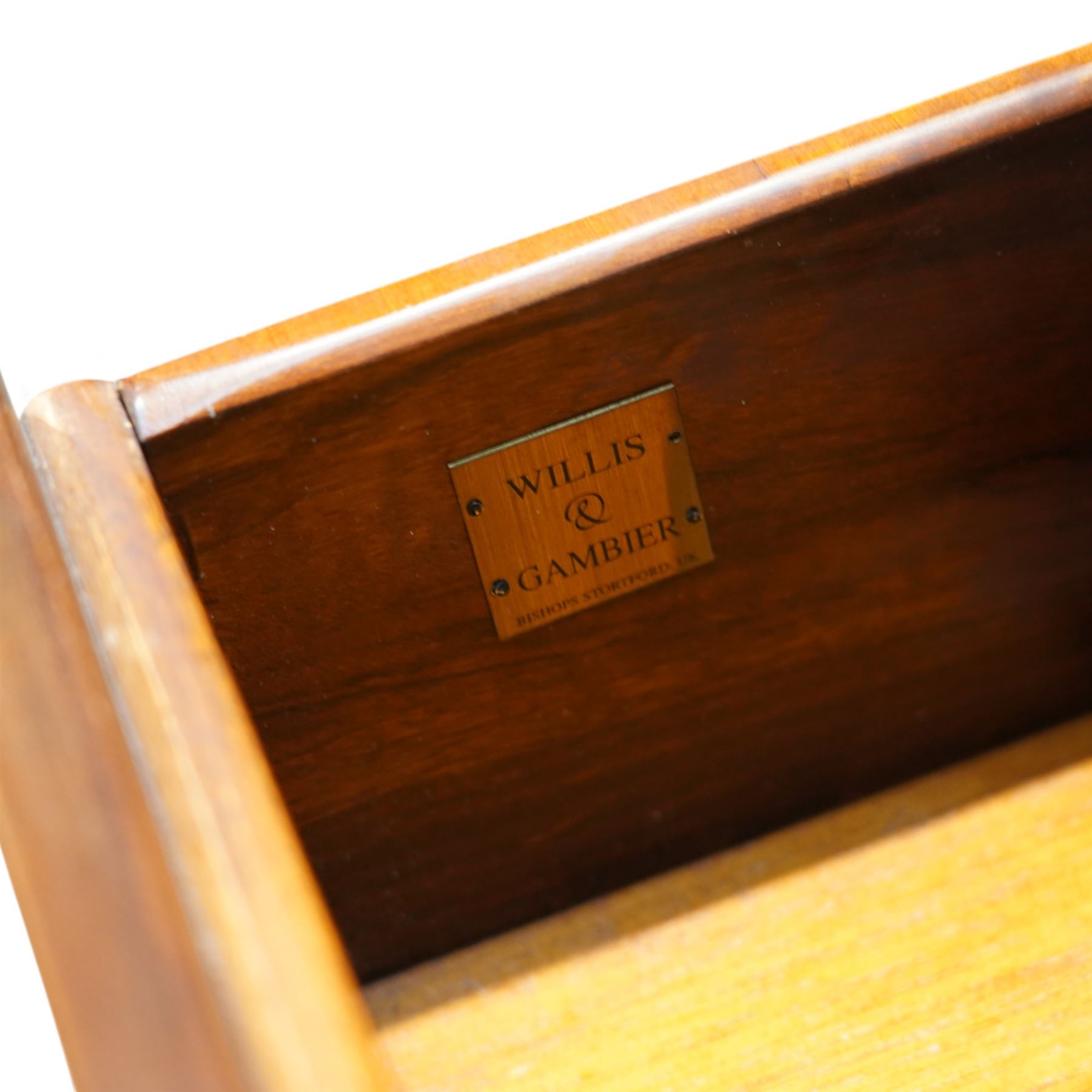 Willis & Gambier - French cherry chest, frieze baized lined drawer over three long drawers with turned wooden handles upon a moulded plinth base