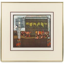 Hans-Joachim 'Jockel' Reisner (German 1938-2023): Architectural Elephant I, limited edition coloured etching signed and dated 1987 in pencil 24.5cm x 28cm
Notes: Reisner is best known for creating the Bradford City Fire Memorial in 1986. His style of printmaking is characterised by geometric lines and shapes, influenced by his degree in engineering.