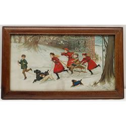 After Charles Trevor Garland (British 1855-1906): Playing with a Cart in the Snow, Edwardian chromolithograph 32cm x 60cm