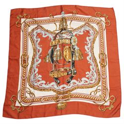 Hermes 'Brides de Cour' silk scarf, in red and gold colourway, designed by Francoise De La...