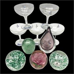 Five Babycham glasses, together with five paperweights, to include examples from Liskeard glass etc