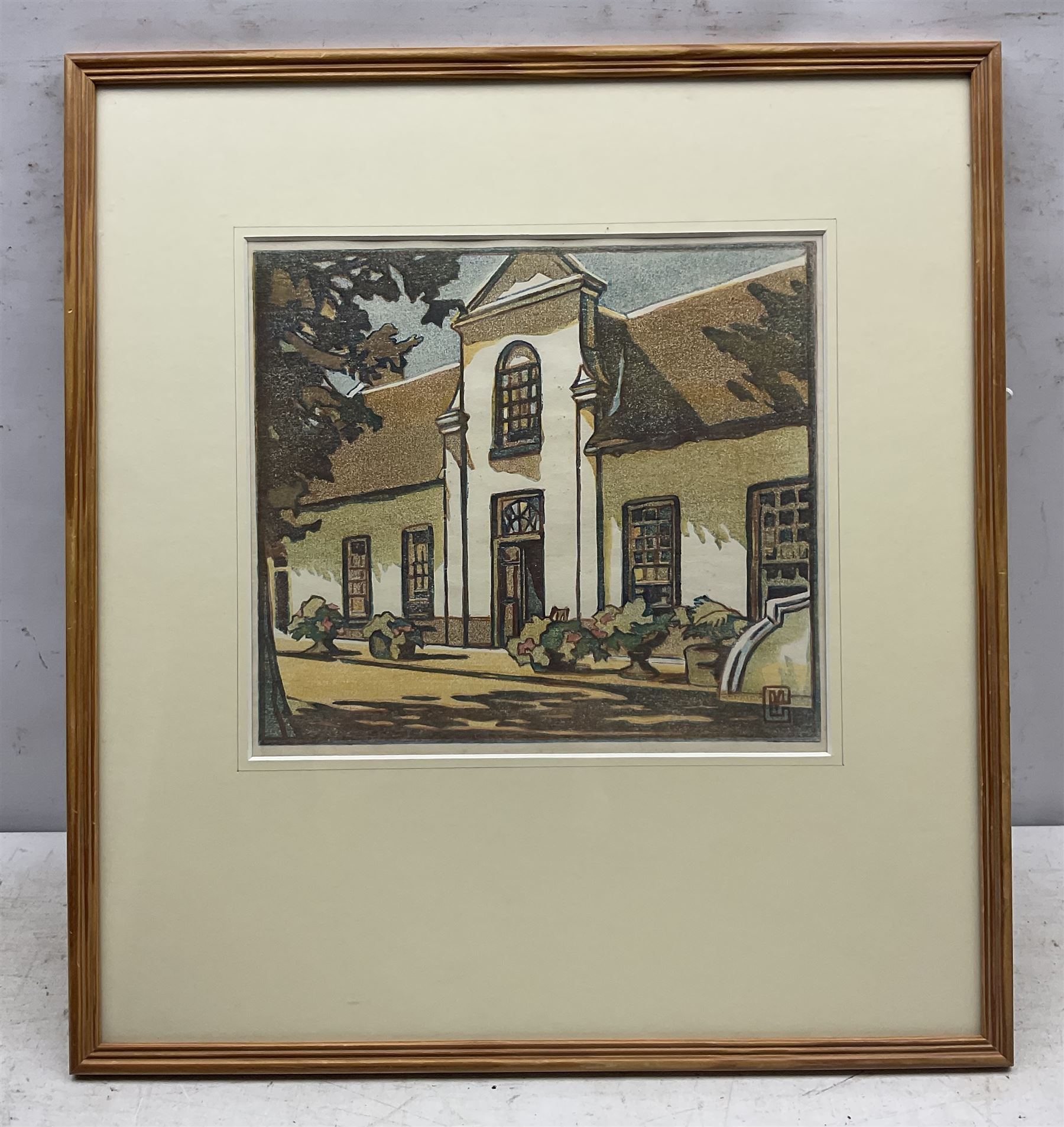 Marion Gill (British 1879-1959): 'Old Cape Homestead', woodblock print signed with monogram, titled verso 25cm x 28cm