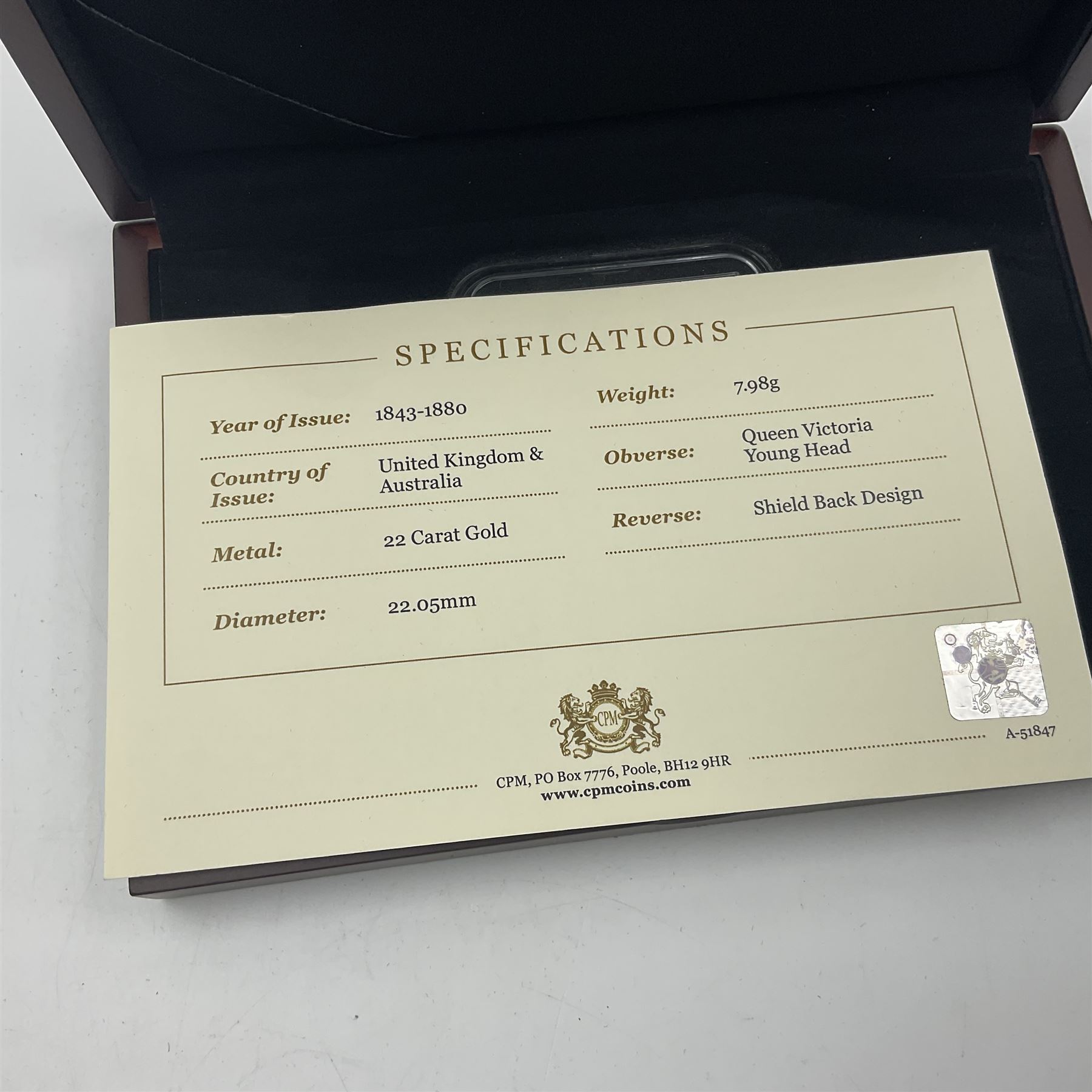 Queen Victoria 1854 gold full sovereign coin, 'The Shipwreck Sovereign', housed in a display case with information leaflet