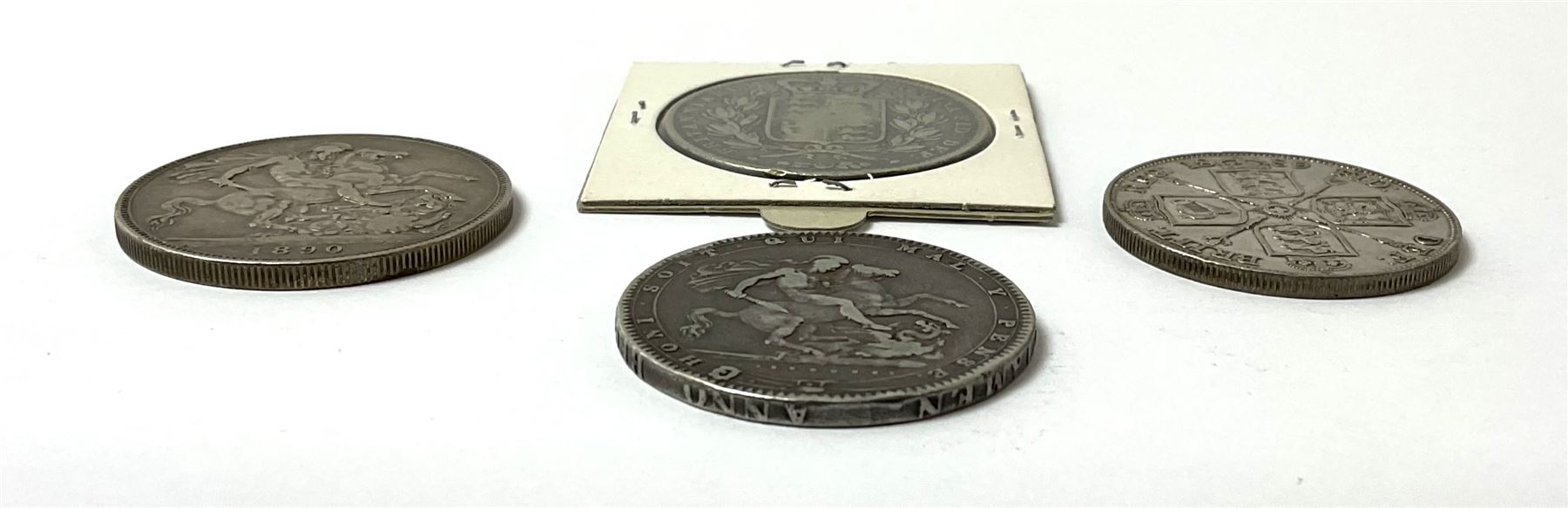 King George III 1920 crown, Queen Victoria 1845 and 1890 crown coins and a Queen Victoria 1889 double florin (4)