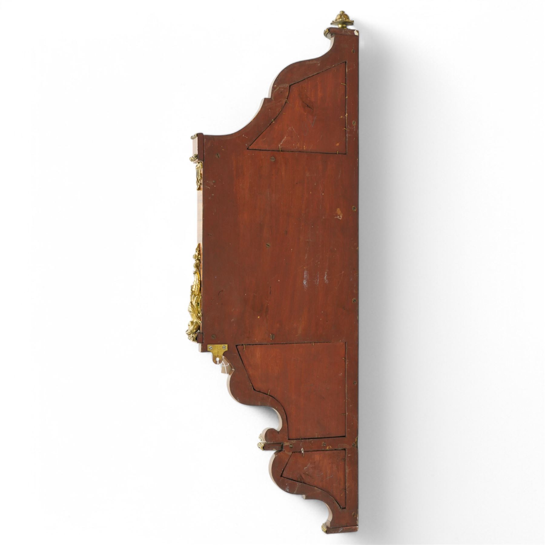 Pair of late 19th to early 20th century Kingwood and ormolu mounted encoignure or wall hanging corner cabinets, shaped end supports with mirror backs, serpentine double cupboard mounted by sevres design porcelain panels, decorated with foliate cast metal mounts, the interior fitted with shelf