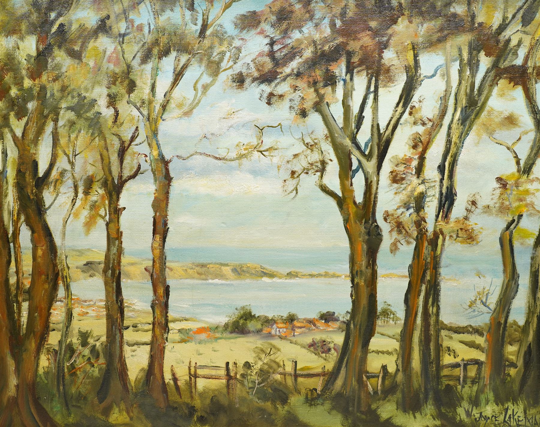 W Joyce Lakeman (British 20th century): Coastal Tree Landscape, oil on board signed 58cm x 72cm