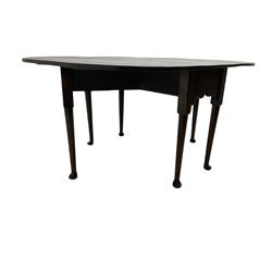 George III oak drop-leaf dining table, oval top over gate-leg action cabriole supports