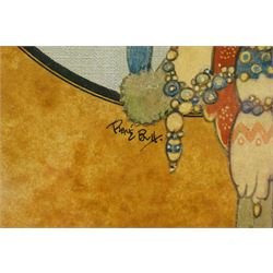 René Bull (Irish 1872-1942): Art Deco Portrait of a Flapper-Girl in Elaborate Headdress, mixed media on velum signed 30cm x 21cm