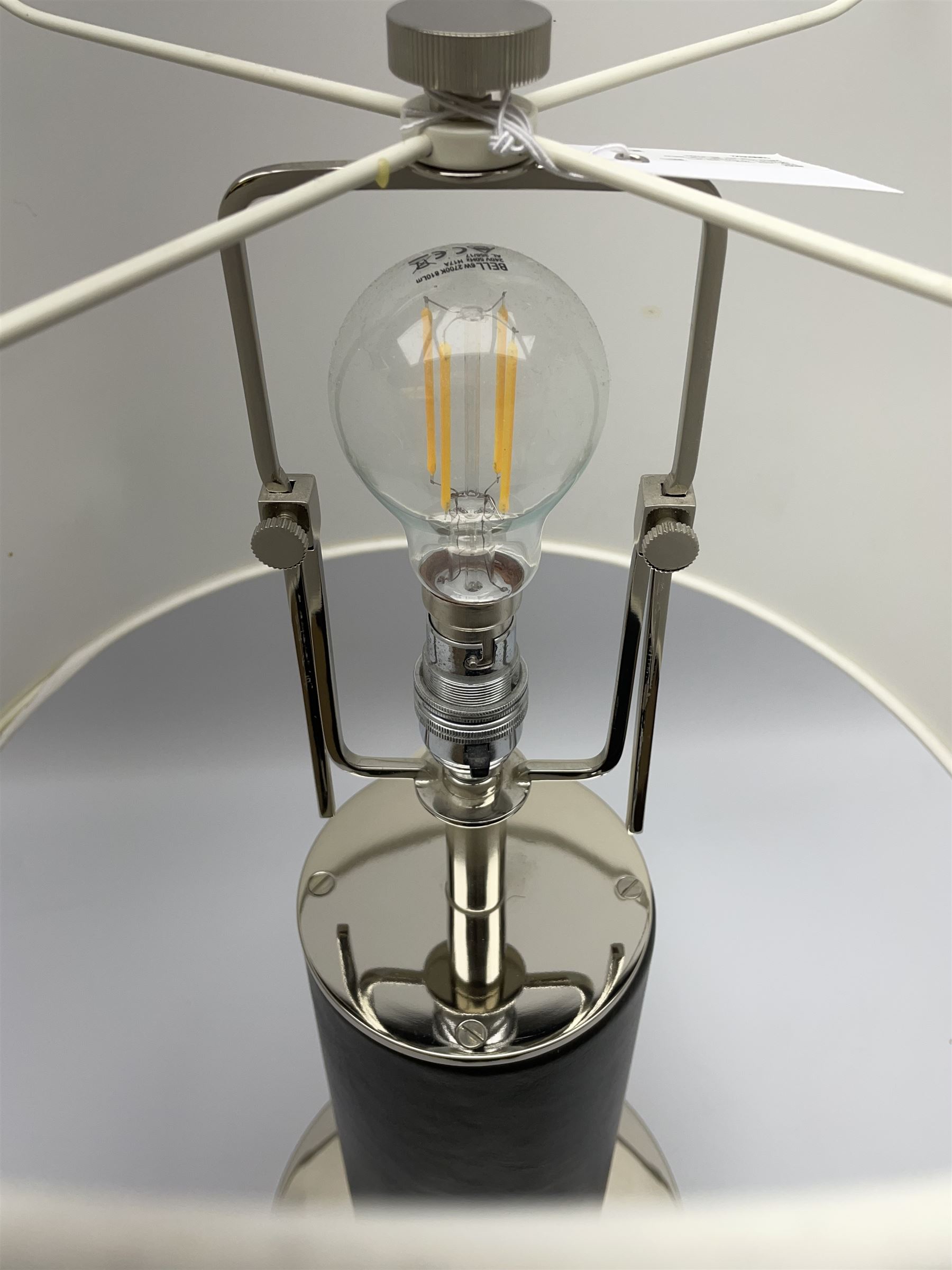 Ralph Lauren - 'Beckford' table lamp, cylindrical form in chocolate brown leather, polished metal base, with shades