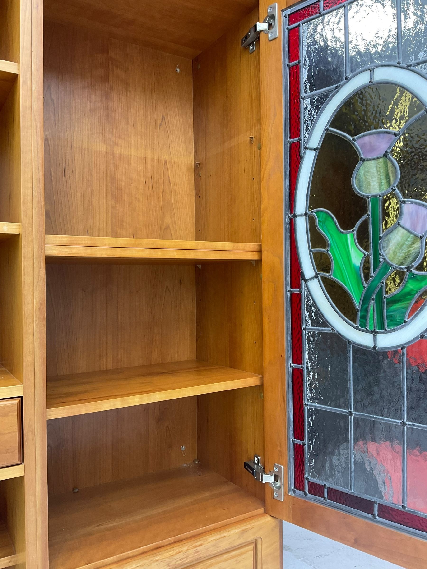 Art Nouveau design cherry wood kitchen wall unit, two leaded glazed doors with stained tulip decoration
