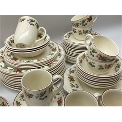 Wedgwood Queens Ware tea and dinner wares in Provence pattern, including ten cups and saucers, milk jug, butter dish with cover, ten dinner plates, ten bowls and ten side plates etc (71), together with Royal Doulton tea wares in Canton pattern, comprising six cups and saucers, milk jug, open sucrier and six dessert plates.    