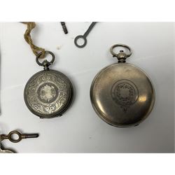 Three Victorian silver lever open face pocket watches including, cream dials with Roman numerals and subsidiary seconds dial, silver cylinder pocket watch and an 8 Jours Hebdomas pocket watch, two silver watch chains and one other chain