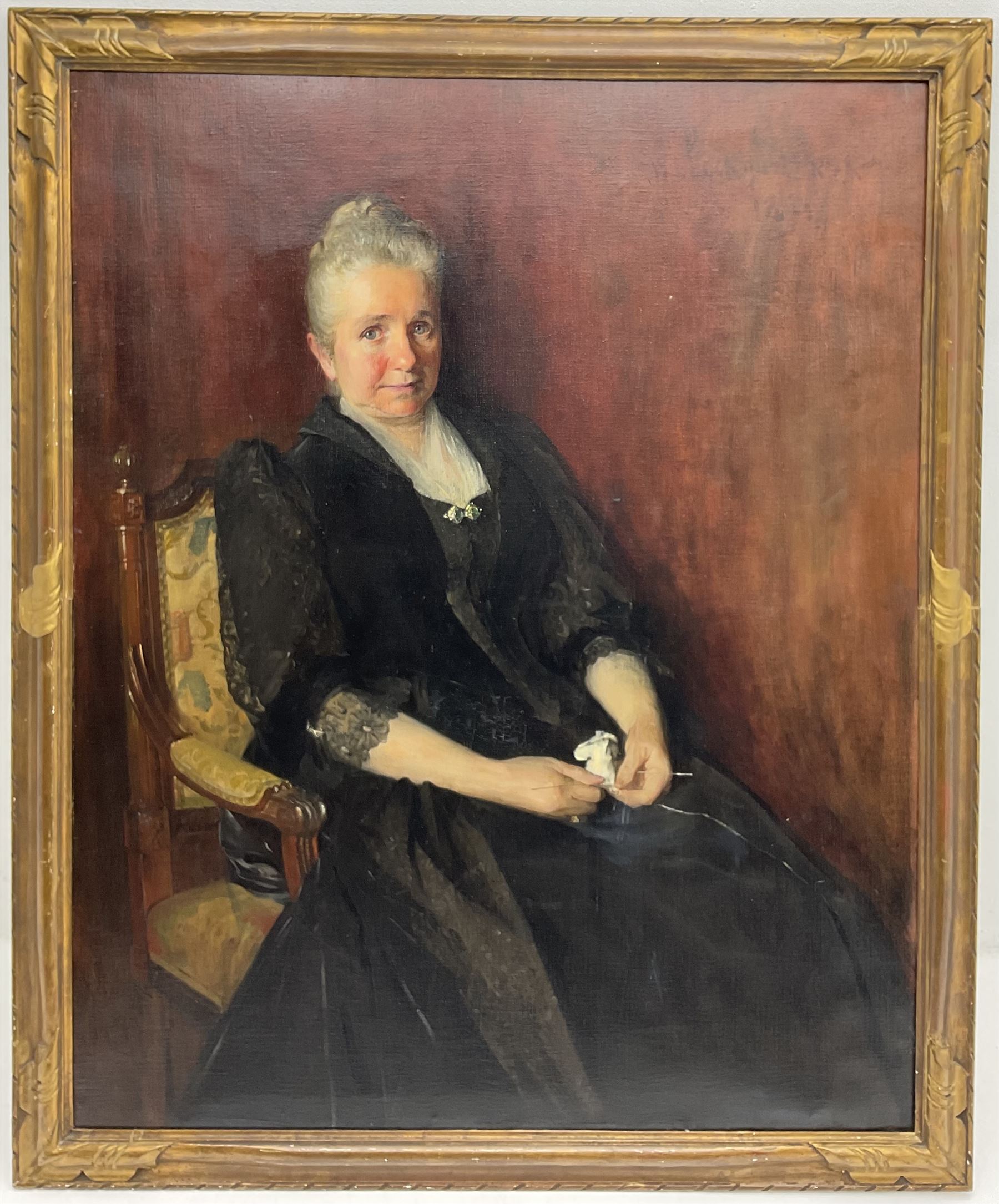 William Ewart Lockhart RSA (Scottish 1846-1900): Portrait of Mary Polson (1832-1911), oil on canvas signed and indistinctly dated 126cm x 101cm 

Notes: Mary was the wife of John Polson, of Paisley and Castle Levan, who discovered and patented a method for producing corn flour, transforming the fortunes of his father’s muslin manufacturing plant in Paisley. William Ewart Lockhart was a family friend of the Polsons, and painted John Polson’s portrait in 1893. In 1887, the couple's daughter, Mary Alice Polson, married Archibald Corbett, then the Liberal Unionist MP for Glasgow Tradeston. The pair purchased the Rowallan Estate in Ayrshire in 1901, donating their previous home at Rouken Glen as a public park to the citizens of Glasgow. Upon his retirement from the House of Commons in 1911, Corbett was granted the Barony of Rowallan, becoming 1st Baron Rowallan. 

Mary was made an Honorary Burgess of Paisley at the Clark Halls and was presented with a parchment and casket by a Mr MacKean on behalf of the Town Council. She also contributed funds for the erection of a nurses’ home, Paisley Infirmary, and Thomas Shanks Memorial Park in Johnstone, named after her brother, Colonel Thomas Shanks.

Lockhart studied at the Royal Scottish Academy from the age of thirteen in 1860, and by 1861 he was submitting work to its Annual Exhibition. He exhibited annually at the RSA for the remainder of his life, with the exception of 1864 when he went to Australia to improve his health, and 1889/90, when completing a royal commission celebrating the 1887 Jubilee. Lockhart is most renowned for his commissioned portraits, though he also painted scenes of Spanish life following several visits to the country.