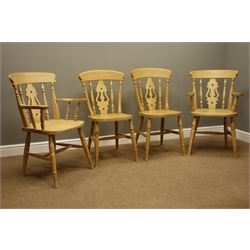  Set four beech farmhouse style dining chairs with shaped splats  