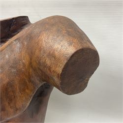 Helen Skelton (British 1933 – 2023): Large carved wooden sculpture, modelled as a male torso, H40cm. Born into an RAF family in 1933 in Kent and travelled the world extensively during her childhood. After settling in Bridlington, Helen immersed herself in painting, textiles, and wood sculpture, often inspired by nature's beauty. Her talent was showcased in a one-woman show at Sewerby Hall and recognised with the sculpture prize at Ferens Art Gallery in 2000. Sadly, Helen’s daughter passed away from cancer in 2005. This loss inspired Helen to donate her sculptures to Marie Curie upon her passing in 2023.