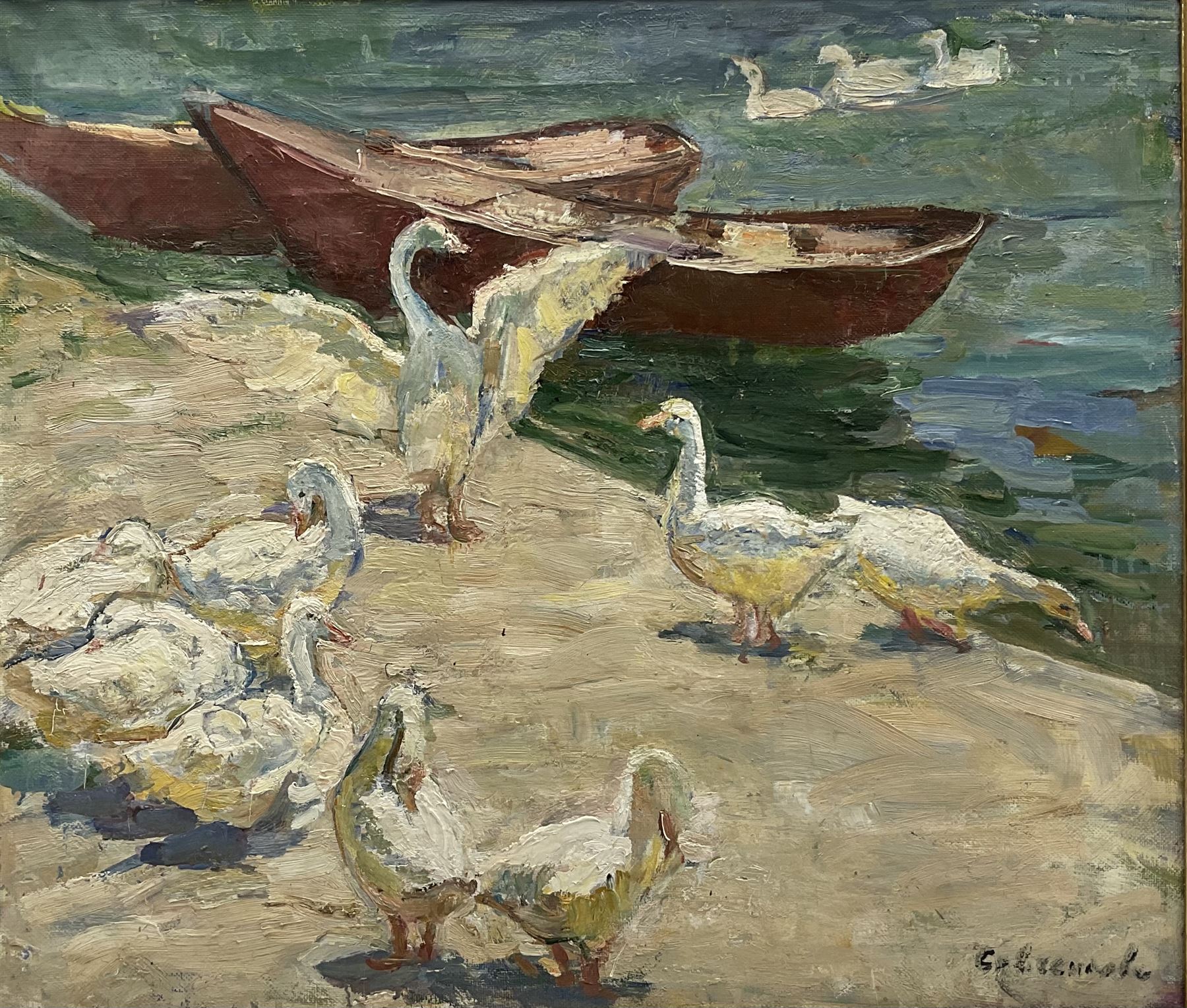 Maria Vladimirovna Savchenkova (Russian 1917-2015): 'Geese' on the Quayside, oil on canvas signed, titled and inscribed verso 59cm x 69cm