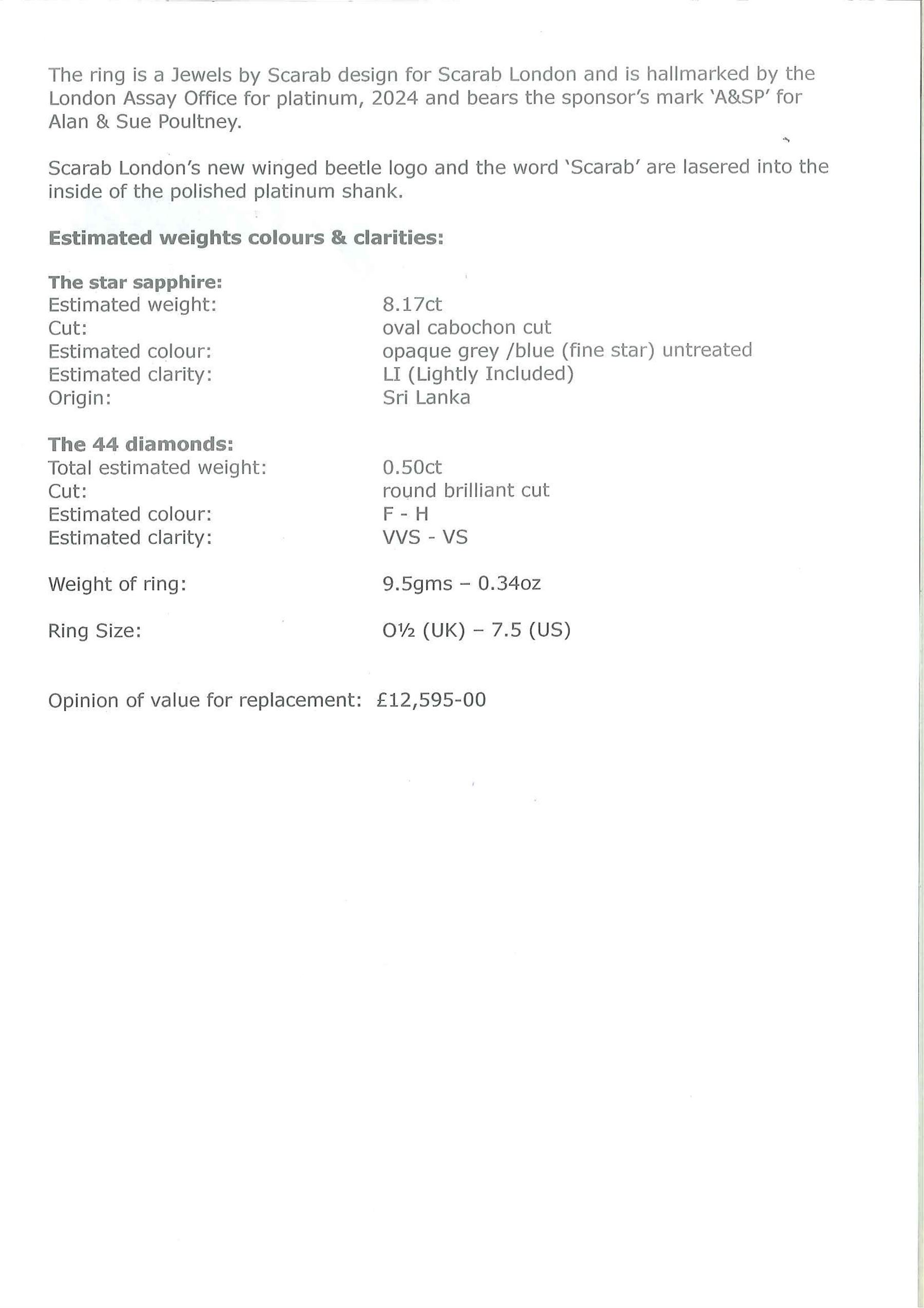 Platinum star sapphire and diamond ring by Scarab London, single cabochon cut sapphire of approx 8.17 carat, with sunburst design surround set with round brilliant cut diamonds, to a plaited design shank, London 2024, total diamond weight approx 0.50 carat, with Alan Poultney Gems report
