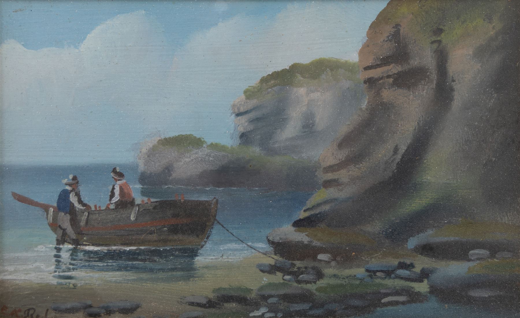 Edward King Redmore (British 1860-1941): Two Boat Scenes with Headlands, two oils on board, together with two further scenes of boats, max 17cm x 18.5cm (4) (one unframed)
