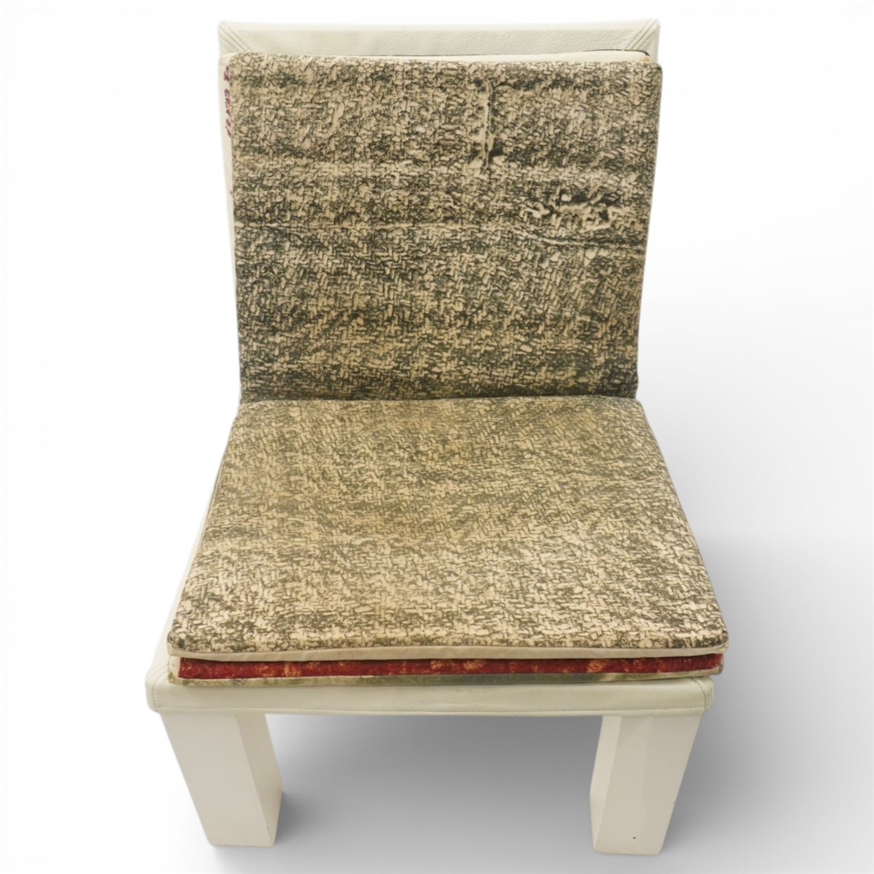 IKEA - ‘Selma’ chair designed by Front in 2009, the shaped wooden frame with white leather back and trim, fitted with cotton cushions with four interchangeable prints inspired by Swedish textile history