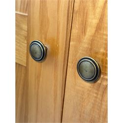 Light oak wardrobe, adjustable clothes rail and single shelf above a single drawer on squared splayed legs