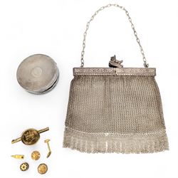 Gold shirt stud, stamped 18ct, silver lidded circular box, hallmarked, base metal purse, two gilt shirt studs, brooch and blacksmith's anvil and hammer