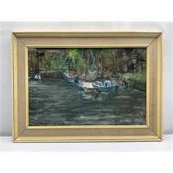Harry Walton Freckleton (British 1890-1979): 'Boats Moored up at Snape Maltings Suffolk', oil on board signed, titled verso 39cm x 59cm