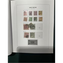 Extensive single album collection of Great British Queen Victoria and later stamps, including QV penny black with three margins, 1840 two pence blue, perf two pence blues with white lines added, QV one pound brown lilac, QV one pound green, King George V seahorses, 1929 Postal Union Congress one pound black, King George VI 1939-48 set of six with ten shillings dark blue, Queen Elizabeth II pre-decimal issues, housed in a Stanley Gibbons Great Britain 2001 album, a well presented collection with few ommissions