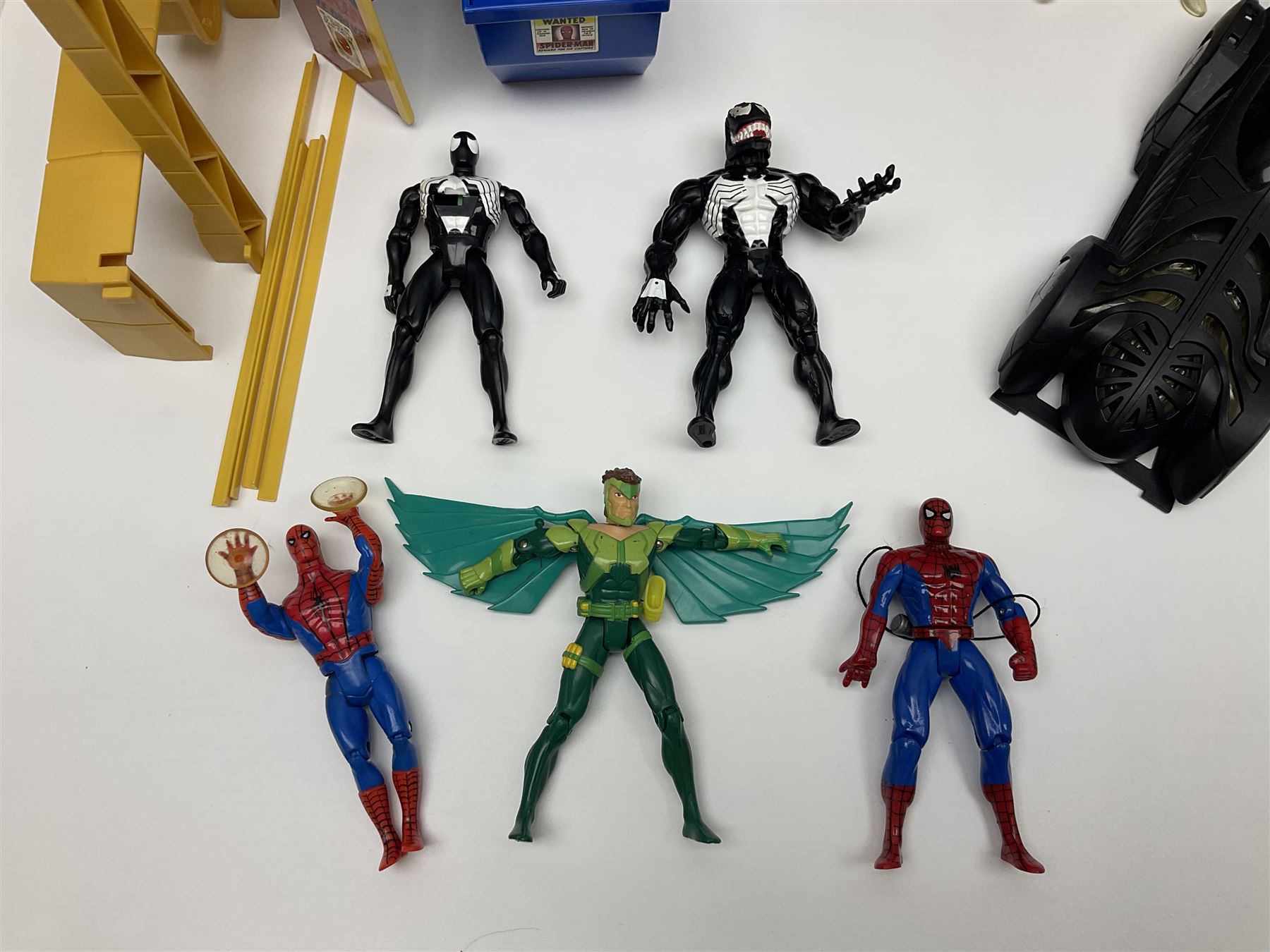 Group of early 90s Marvel/DC Comics toys; 1993 Kenner Batmobile with original Batman figure and plane; Marvel Comics Spider-Man 1994 Web of Steel series Hobgoblin Wing Bomber, incomplete Daily Bugle Playset and Scorpion; assorted figurines and later accessories 