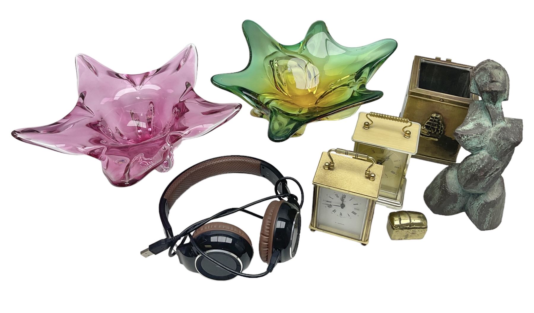 Metamec and H. Samuel battery operated brass carriage clocks, bronzed style abstract figure signed 'Cotp W', two art glass splash bowls, etc