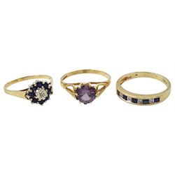 Gold channel set sapphire and diamond half eternity ring, sapphire and diamond cluster and a purple stone set ring, all hallmarked 9ct 